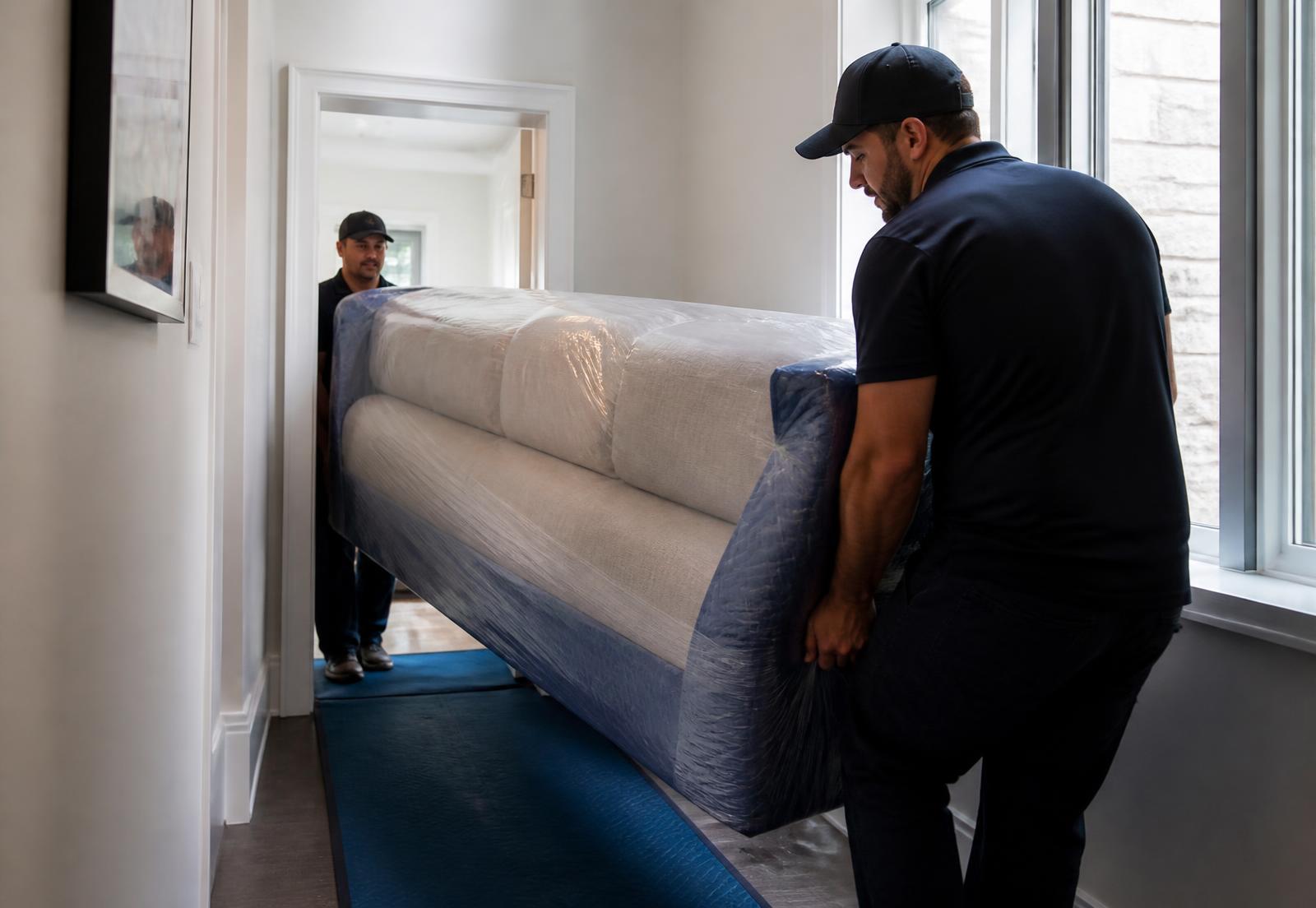 Delivery crew manoeuvring an oversized wrapped sofa through a narrow hallway