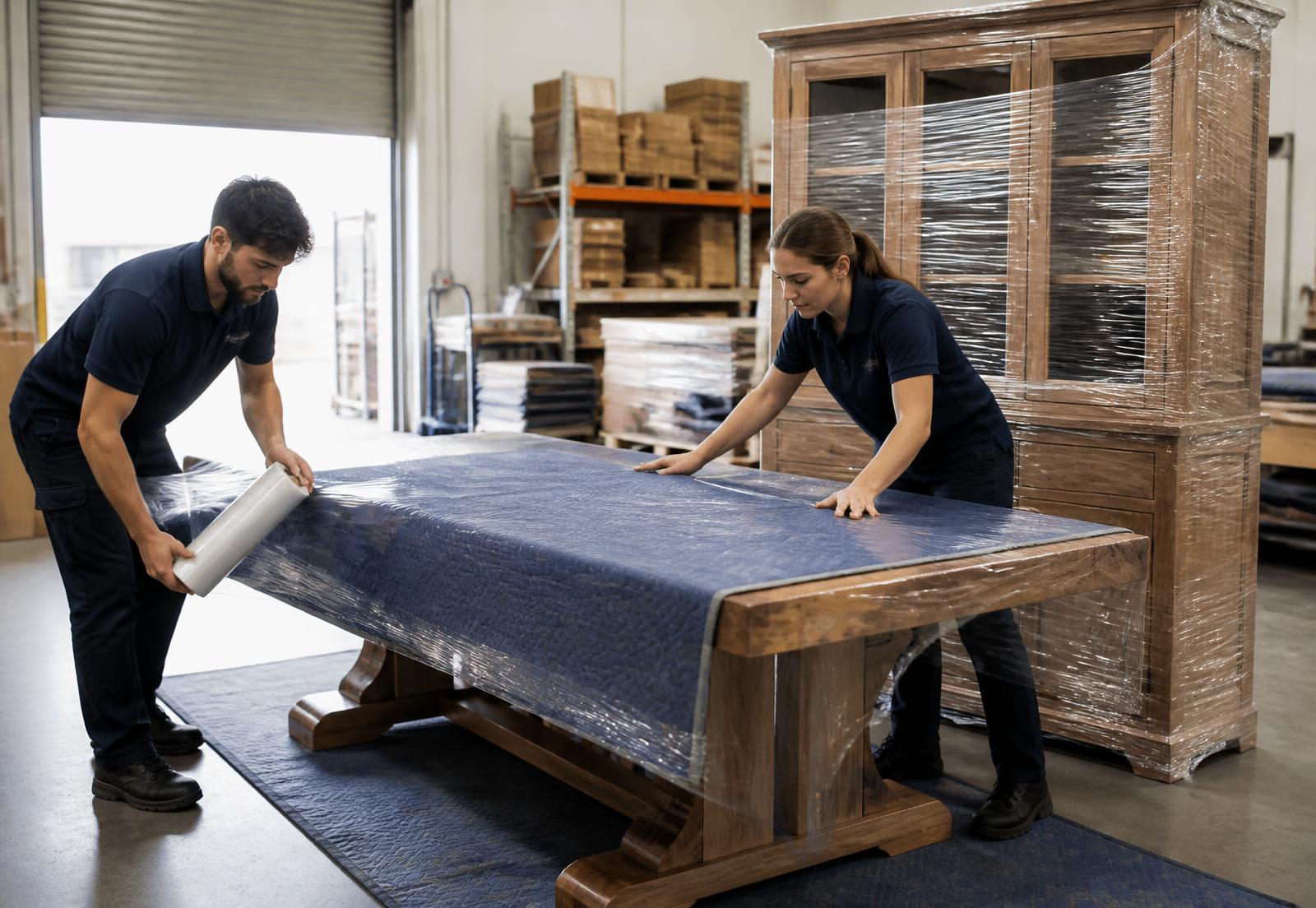 Warehouse team blanket-wrapping a large timber dining table for transport