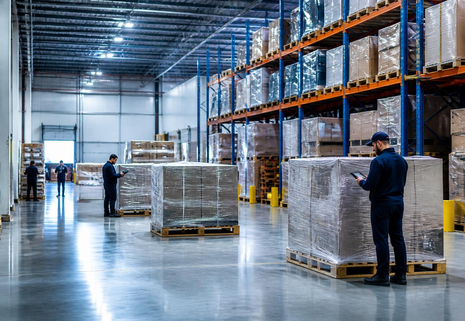 Wrapped pallets and racking inside a modern distribution warehouse